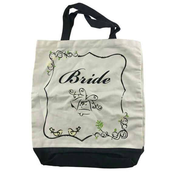 Canvas Bride Tote Bag Black Off White Wedding Bells Medium Ceremony - Picture 1 of 8